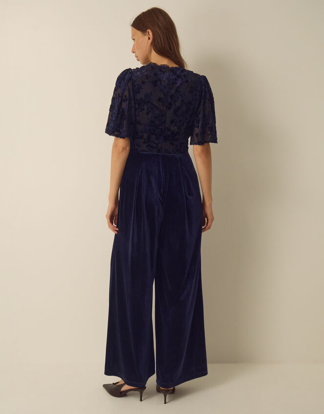 Nadine Floral Devor&eacute; Velvet Jumpsuit, Blue (NAVY), large