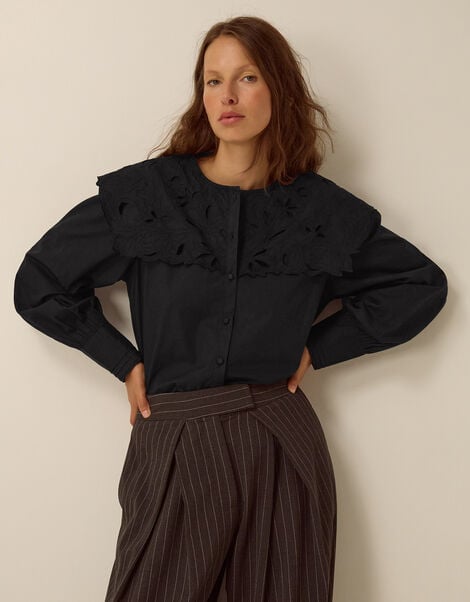Eliana Embroidered Square Collar Shirt, Black (BLACK), large