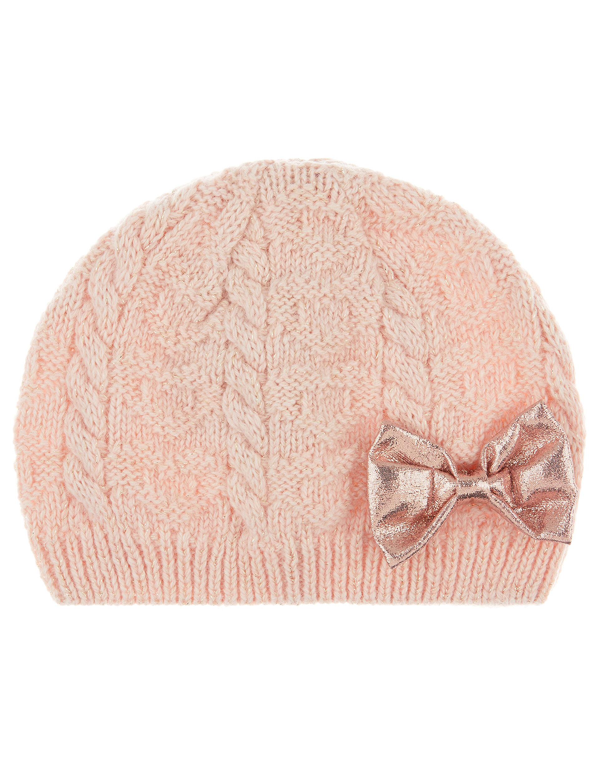 Baby Poppy Shimmer Bow Cable Knit Beanie, Pink (PINK), large