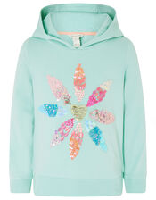 Embellished Flower Hoody with Organic Cotton , Blue (AQUA), large