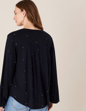 Embroidered Long Sleeve Blouse in LENZING™ ECOVERO™, Blue (NAVY), large