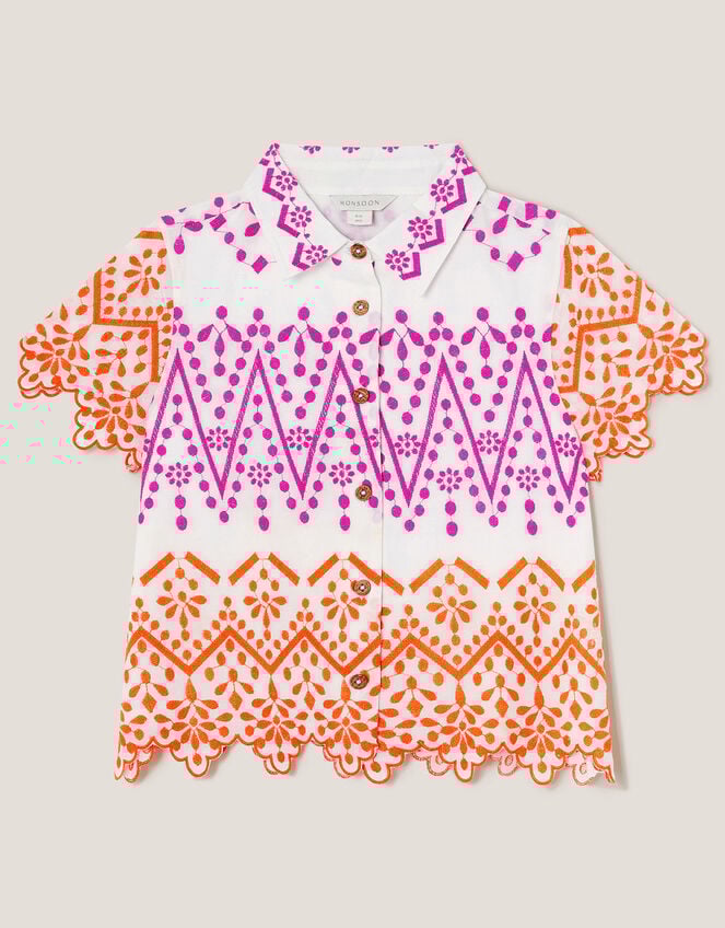 Embroidered Short Sleeve Shirt, White (WHITE), large