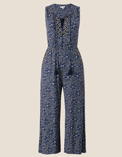 Geometric Print Jersey Jumpsuit , Blue (NAVY), large