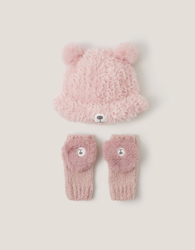 Fluffy Teddy Hat & Mitten Set, Pink (PINK), large