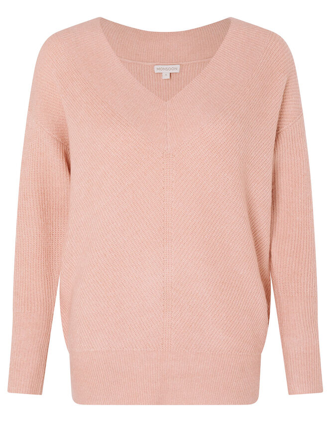 Georgina V-Neck Rib Knit Jumper, Pink (PINK), large