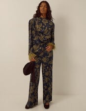 Princella Feather Sleeve Floral Velvet Top, Blue (NAVY), large