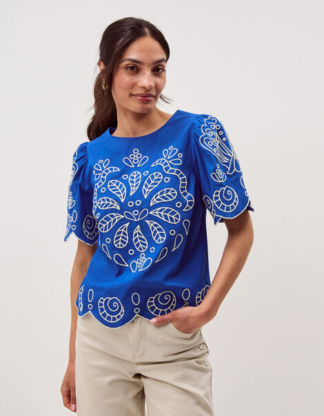 Keira Short Sleeve Embroidered Top, Blue (COBALT), large