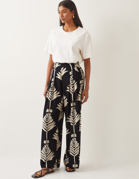 Pamela Leaf Print Wide Leg Trousers, Black (BLACK), large