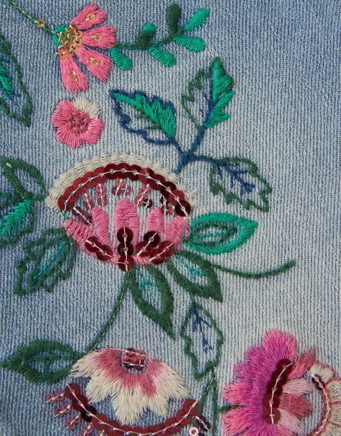 Sequin Floral Embroidered Wide Leg Jeans, Blue (BLUE), large