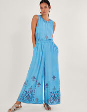 Embroidered Wide Leg Trousers, Blue (BLUE), large