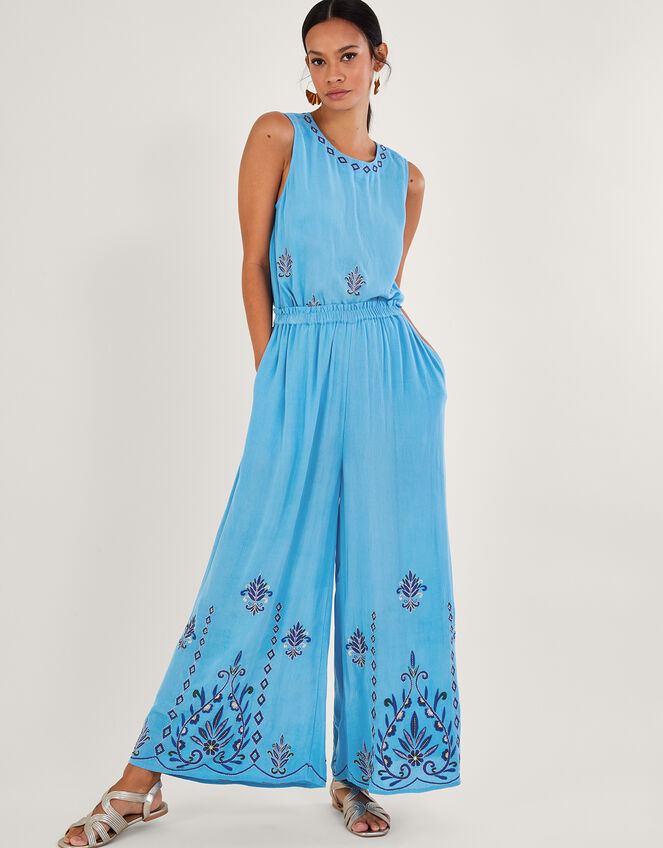 Embroidered Wide Leg Pants in Lenzing™ Ecovero™, Blue (BLUE), large