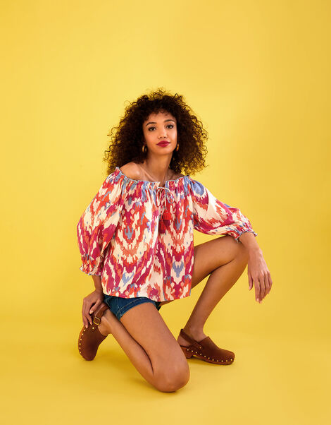 Ikat Print Bardot Off-Shoulder Top, Pink (PINK), large