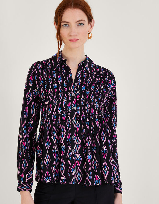 Ikat Print Shirred Blouse in LENZING™ ECOVERO™, Pink (PINK), large