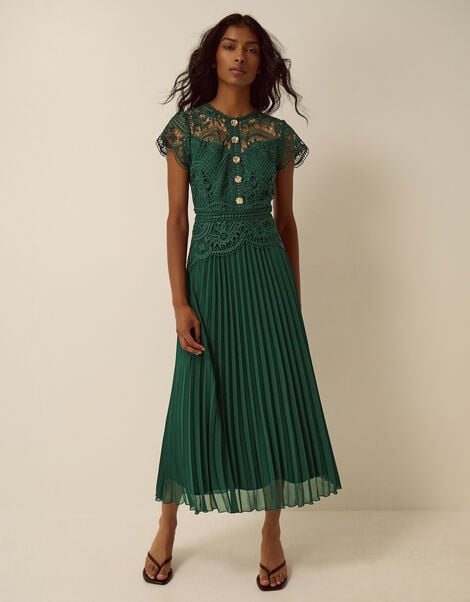 Mila Lace Pleated Midi Dress, Green (GREEN), large