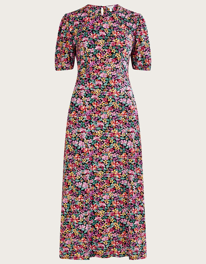 Vintage Floral Jersey Dress, Black (BLACK), large