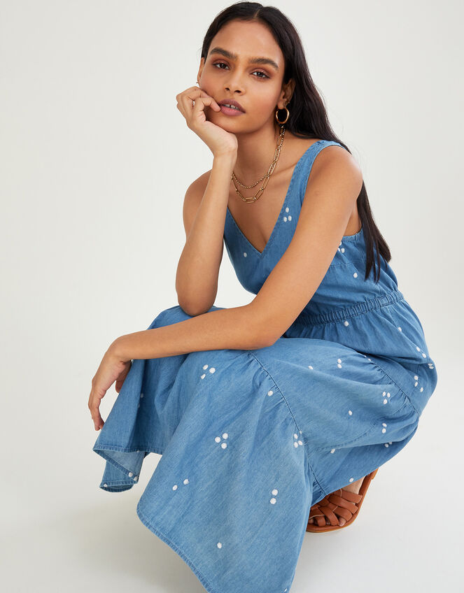 Denim Embroidered Midi Sundress, Blue (BLUE), large