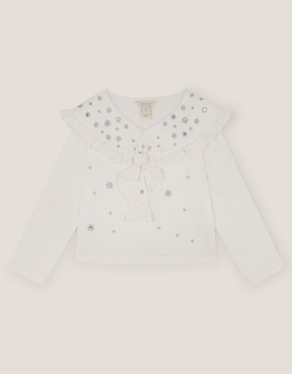 Embellished Broderie Sailor Collar Top, Ivory (IVORY), large