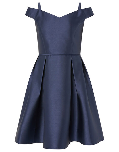 Duchess Twill Bardot Prom Dress, Blue (NAVY), large
