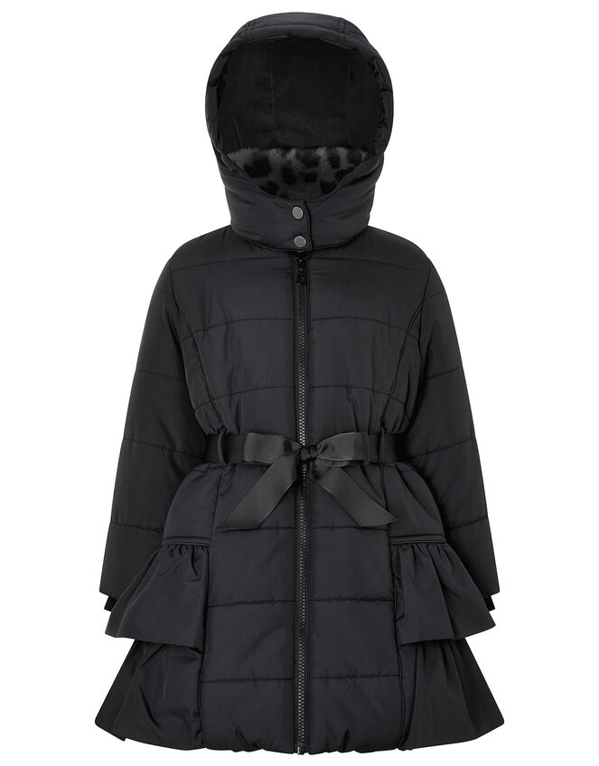 Black Frill Padded Coat with Detachable Faux Fur Collar, Black (BLACK), large