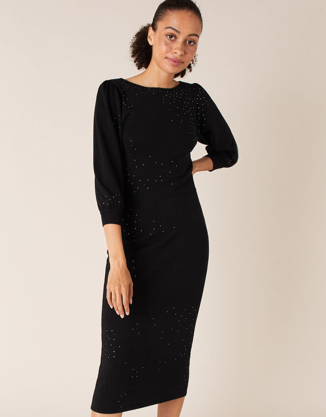 Hotfix Gem Knit Dress with Sustainable Viscose, Black (BLACK), large