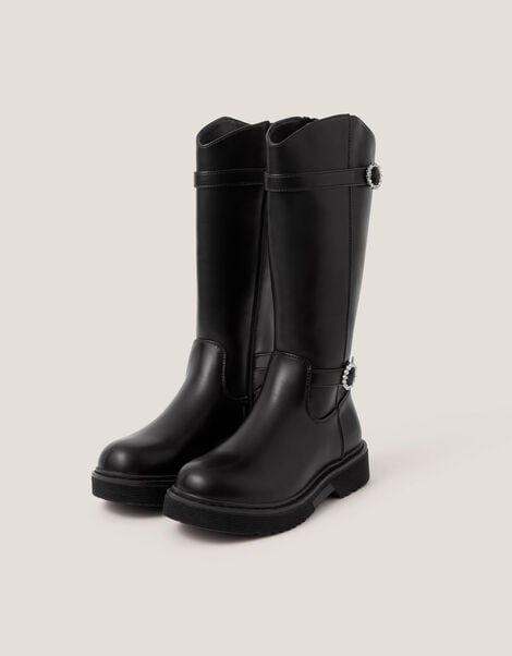 Diamante Buckle Knee High Boots, Black (BLACK), large