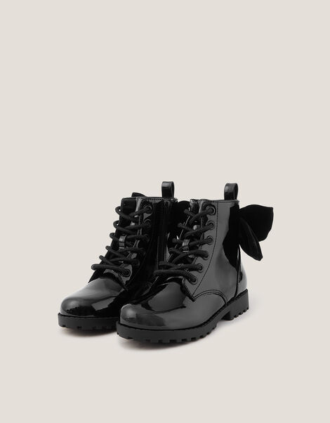 Bow Patent Lace Up Boots, Black (BLACK), large