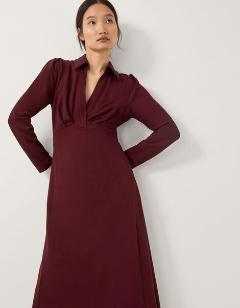 Polly Ponte Midi Shirt Dress, Red (BURGUNDY), large