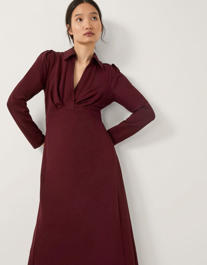 Polly Ponte Midi Shirt Dress, Red (BURGUNDY), large