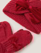 Baby Bow Knitted Hat & Mittens Set, Red (RED), large