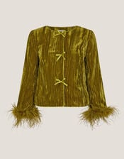 Olivia Feather Cuff Velvet Jacket, Green (OLIVE), large