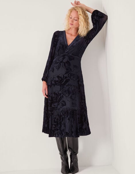 Dolly Floral Devoré Midi Dress, Blue (MIDNIGHT), large