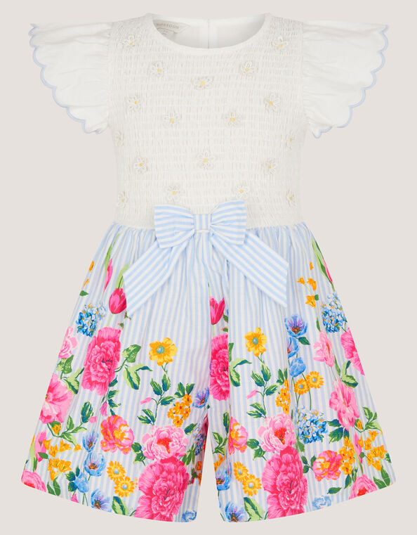 Floral Print Bow Shirred Romper, Blue (BLUE), large