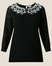 Woven Stitch Contrast Collar Jumper in Recycled Polyester, Black (BLACK), large