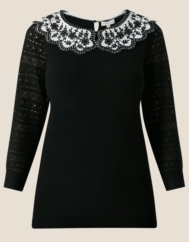 Woven Stitch Contrast Collar Jumper in Recycled Polyester, Black (BLACK), large
