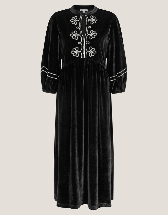 Venus Embroidered Stretch Velvet Midi Dress, Black (BLACK), large
