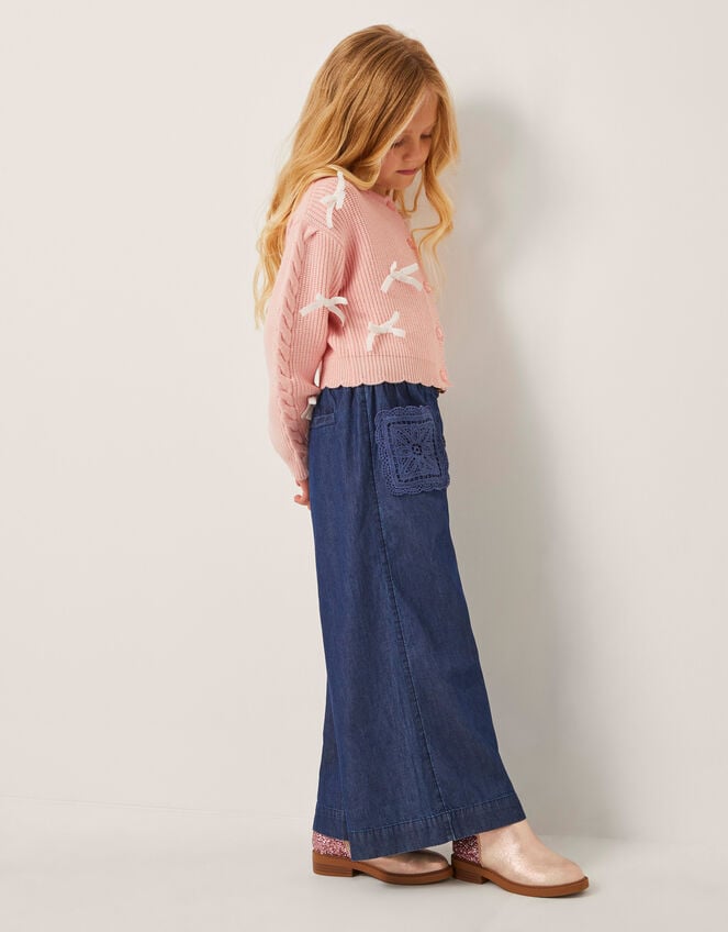 Wide Leg Chambray Crochet Trousers, Blue (BLUE), large