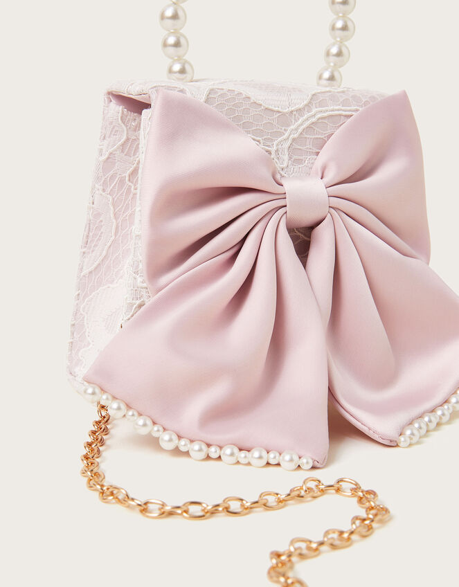 Pearly Bow Bridesmaid Lace Bag, Pink (DUSKY PINK), large