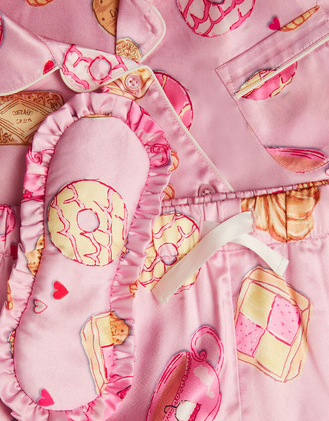 Tea Time Satin Short Pyjamas & Sleep Mask Set, Pink (PINK), large