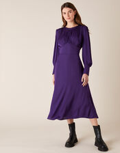 Long Sleeve Satin Midi Dress, Purple (PURPLE), large