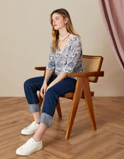 Abstract Animal Print Linen V-Neck Jumper, Blue (BLUE), large