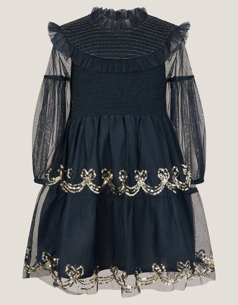 Bow Shirred Mesh Dress, Blue (NAVY), large