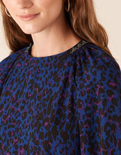 Animal Print Beaded Neck Blouse, Blue (BLUE), large