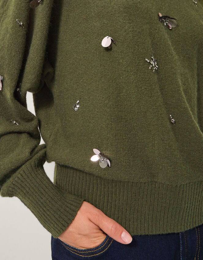 Sable Sequin Embellished Sweater, Green (KHAKI), large