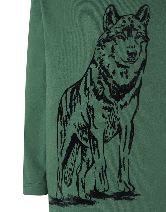 Wolf Print Long Sleeve T-Shirt in Organic Cotton, Green (GREEN), large