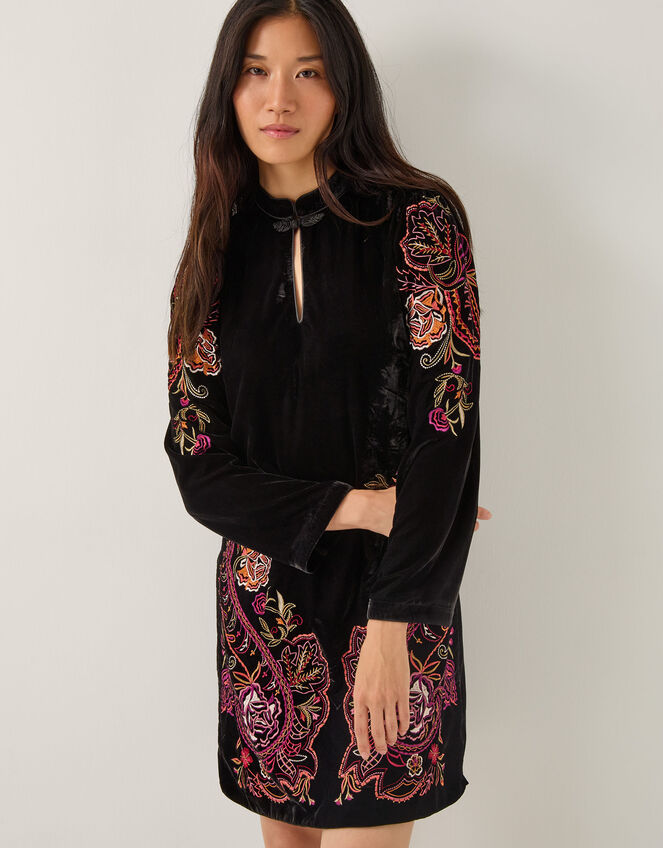 Faye Floral Velvet Mini Tunic Dress, Black (BLACK), large