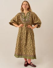 East Darney Embroidered Floral Midi Dress, Green (KHAKI), large