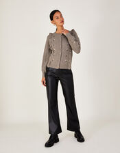 Embroidered Ruffle Cardigan with Recycled Polyester, Camel (OATMEAL), large