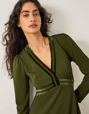 Viv Velvet Trim Long Sleeve Midi Dress, Green (KHAKI), large