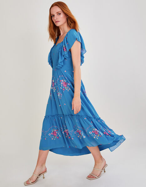 Sylvia Embroidered Midi Dress in Recycled Polyester Blue, Blue (BLUE), large
