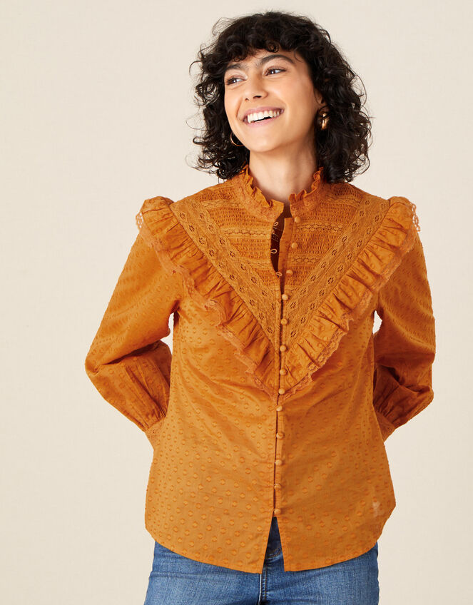 Victoriana Dobby Frill Blouse , Yellow (OCHRE), large